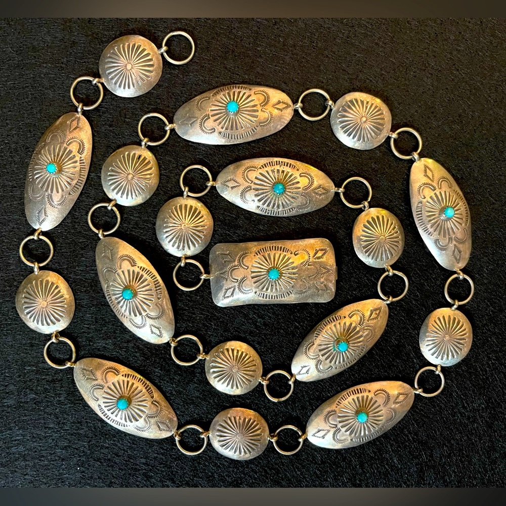 AUTHENTIC NATIVE AMERICAN STERLING SILVER AND TURQUOISE CONCHO BELT 🔥VINTAGE